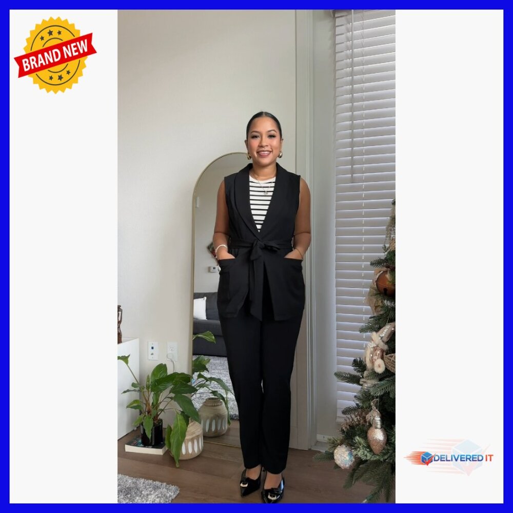 Sleeveless Vest Pantsuit Set, Belted Business Casual Outfit, Polyester Blend - Picture 6 of 7